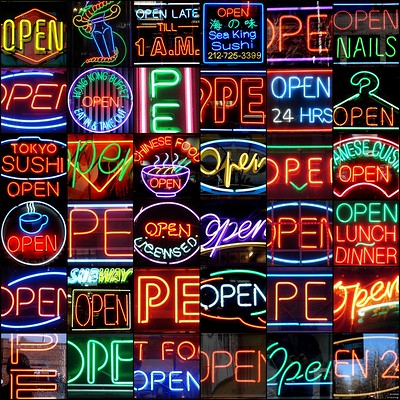 mosaic of 36 neon "OPEN" signs