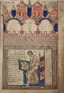 illustration of a scribe in a medieval manuscript